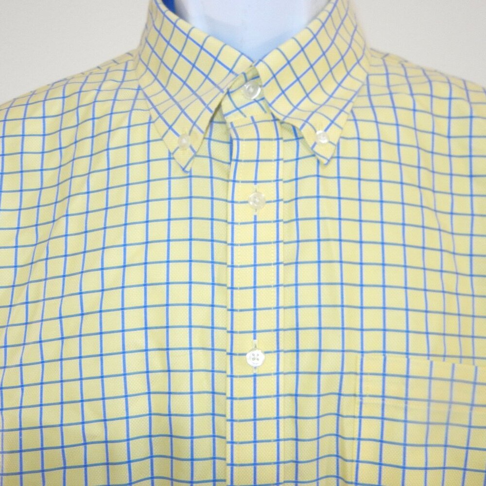 Paul Fredrick Shirt‎ Mens Large 16.5/36  Yellow Blue Plaid Button Down Slim Fit